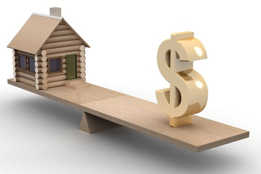 house and dollar on scales. 3D image.