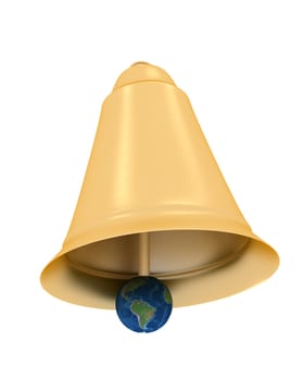 Gold hand bell on a white background. 3D image.