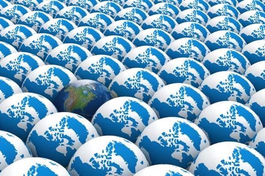One of many. A row of globes. 3D image.