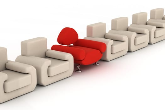Row armchairs on a white background. 3D image.