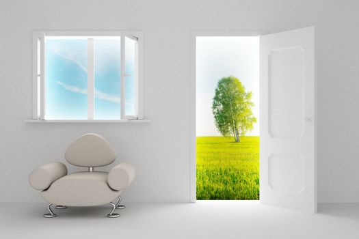 Landscape behind the open door and window. 3D image