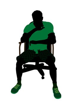 African American tennis player sitting in a chair art illustration silhouette on a white background