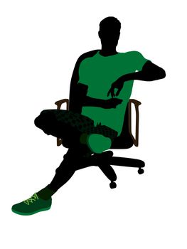African American tennis player sitting in a chair art illustration silhouette on a white background