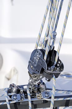 Close-up of a block (pulley) on a sailboat