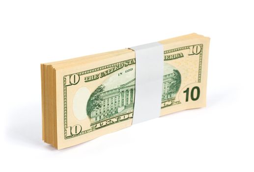 Wad of 10 dollar bank notes isolated on white. Clipping path included to easy remove object shadow or replace background. The United States ten-dollar bill ($10) is a denomination of United States currency. The first U.S. Secretary of the Treasury, Alexander Hamilton is currently featured on the obverse of the bill