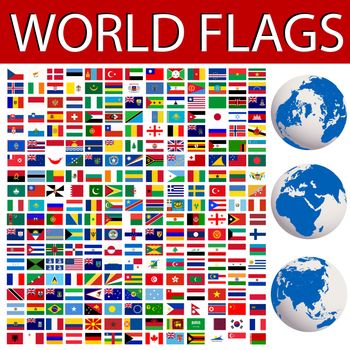 World flags collection and planet Earth