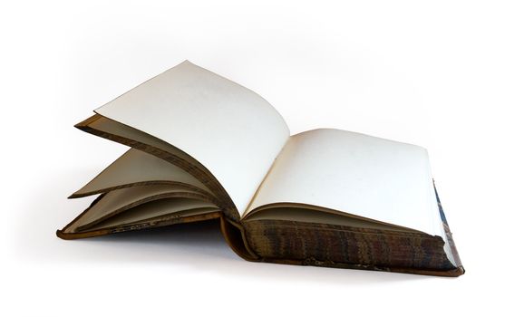 Old open book isolated on white background. Clipping path included to remove object shadow or replace background.