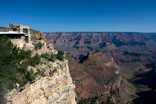 Hotel on the Grand Canyon over blue sky