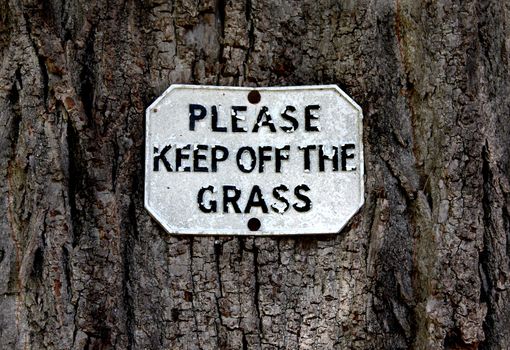 Sign attached to tree stating Please Keep Off The Grass