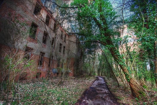 path surrounding an abandoned building in a park