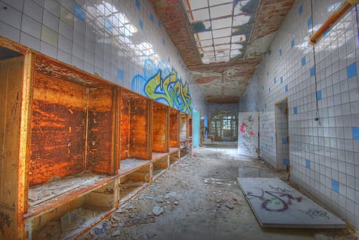 Long corridor in an old abandoned building