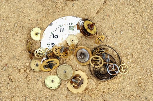 Detail (close-up) of the parts of clockwork mechanism on the sand