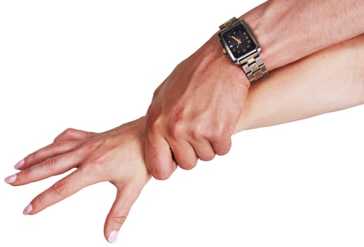 Female and male hands photographed on a white background