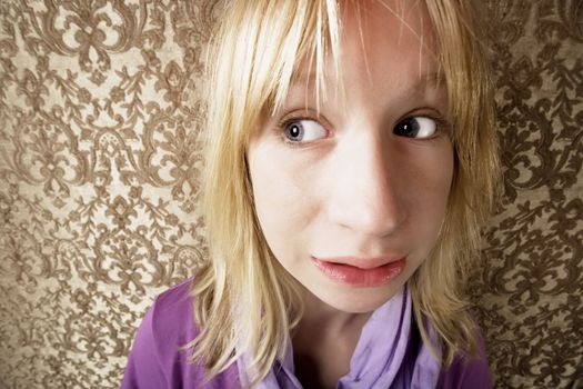 Wide angle shot of a frightened young girl