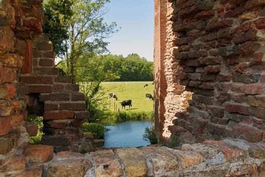 A view on the surrounding fields through a breached wall of the Ruins of Brederode