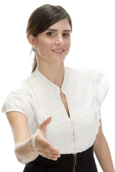 young lady offering hand shake with white background