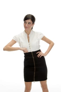 young lady showing offering gesture against white background