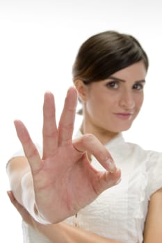 lady showing ok sign on an isolated background