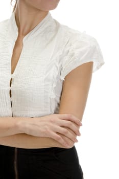 close up of lady with white background