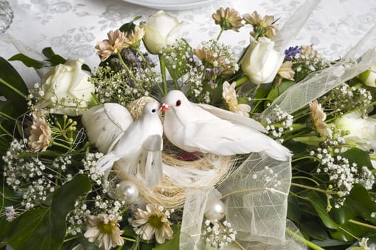 wedding decoration bouquet with two white doves