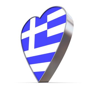 shiny metallic 3d heart of silver/chrome - front surface shows the greek flag