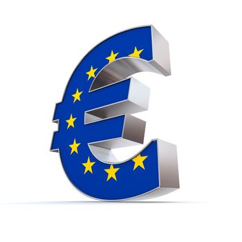 shiny euro symbol in a chrome and metal look - front surface is textured with european union flag