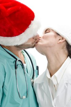 medical professionals kissing each other with white background