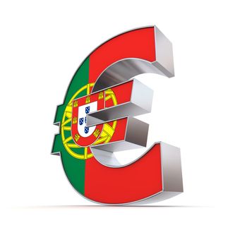 shiny euro symbol in a chrome and metal look - front surface is textured with portuguese flag
