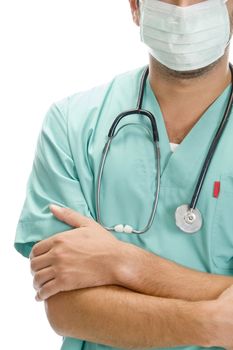 doctor with mask on his mouth and stethoscope against white background