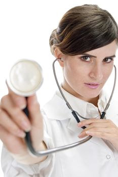 lady doctor showing stethoscope on an isolated white background