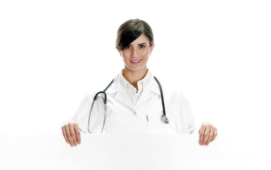 lady doctor posing with placard against white background