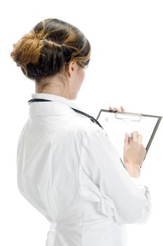 doctor writing on paper against white background