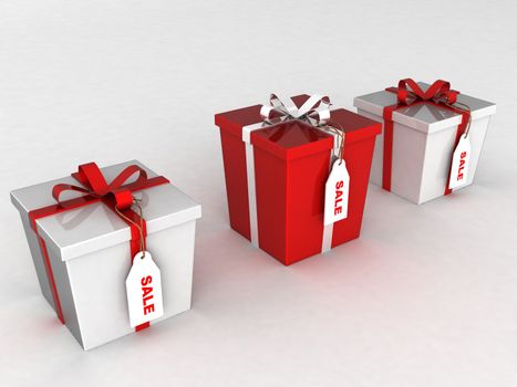 isolated three dimensional wrapped gift boxes with sale tages