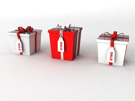 three dimensional wrapped gift boxes with sale tages on an  isolated background