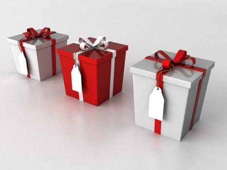  three dimensional wrapped gift boxes on an isolated white background