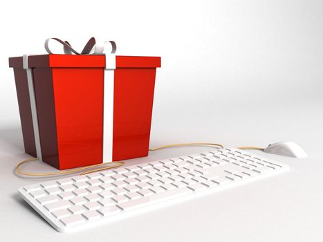  isolated three dimensional  keyboard ,mouse and wrapped red gift