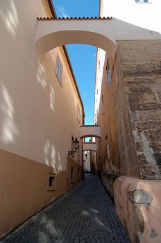 Shot of the typical Prague alleyway - historical centre of the Prague. Prague, Czech republic, Europe.