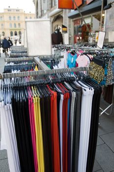 Clothes rack in a street clothes shop