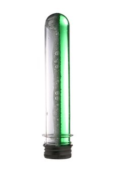 Test tube with a green liquid on a white background