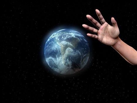 A conceptual image of a greedy hand about to grab control over the world.