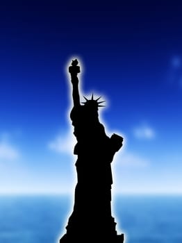 An illustration of the Statue of Liberty with a seascape daylight background.