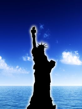 An illustration of the Statue of Liberty with a seascape daylight background.