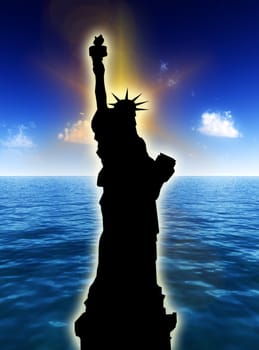 An illustration of the Statue of Liberty with a seascape daylight background.