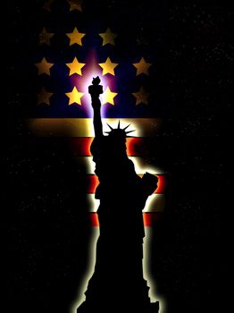 A silhouette of the statue of liberty, with an added American flag..
.