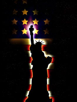 A silhouette of the statue of liberty, with an added American flag..
.