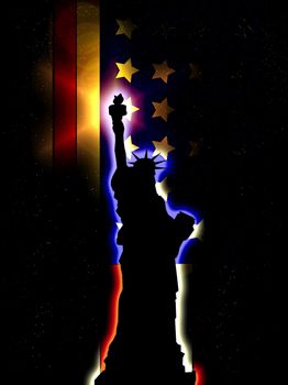 A silhouette of the statue of liberty, with an added American flag..
.