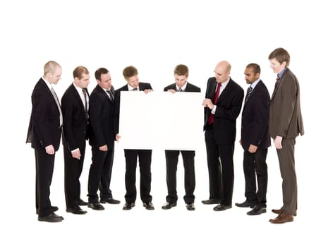 Group of men with a clean sign isolated on white background