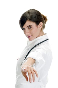 pointing lady doctor on an isolated background