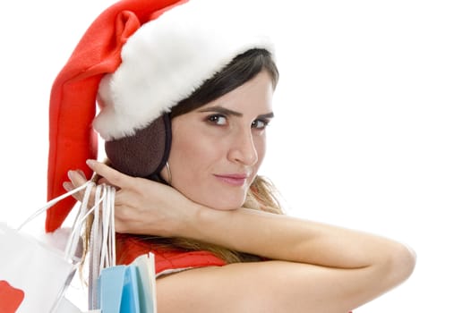 beautiful model with bags with white background