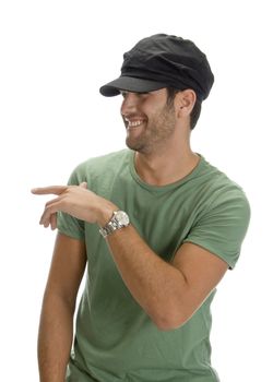 cheerful man with cap and watch on an isolated white background